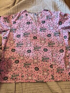 SCRUB TOP Happy Bunny "Let's Focus On Me" PINK V-neck scrub top. Size 2X